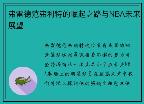 弗雷德范弗利特的崛起之路与NBA未来展望